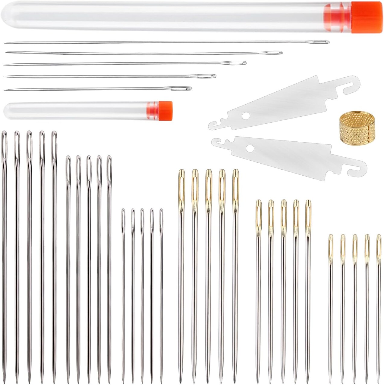 34-piece stainless steel sewing needle set with assorted sizes (2"–6.9"), large-eye stitching needles with storage tube for quilting, darning, upholstery, and doll making (11 sizes)
